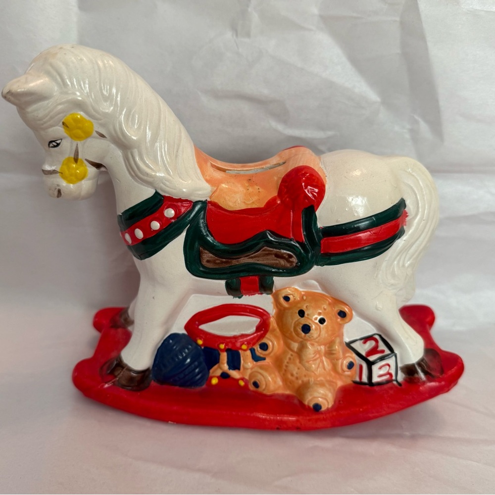 Vintage Colorful Rocking Horse Bank with Teddy Bear by Davar.